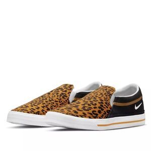 New! NIKE Women's Court Legacy Leopard Print Slip-on Sneakers Shoes Brown Black
